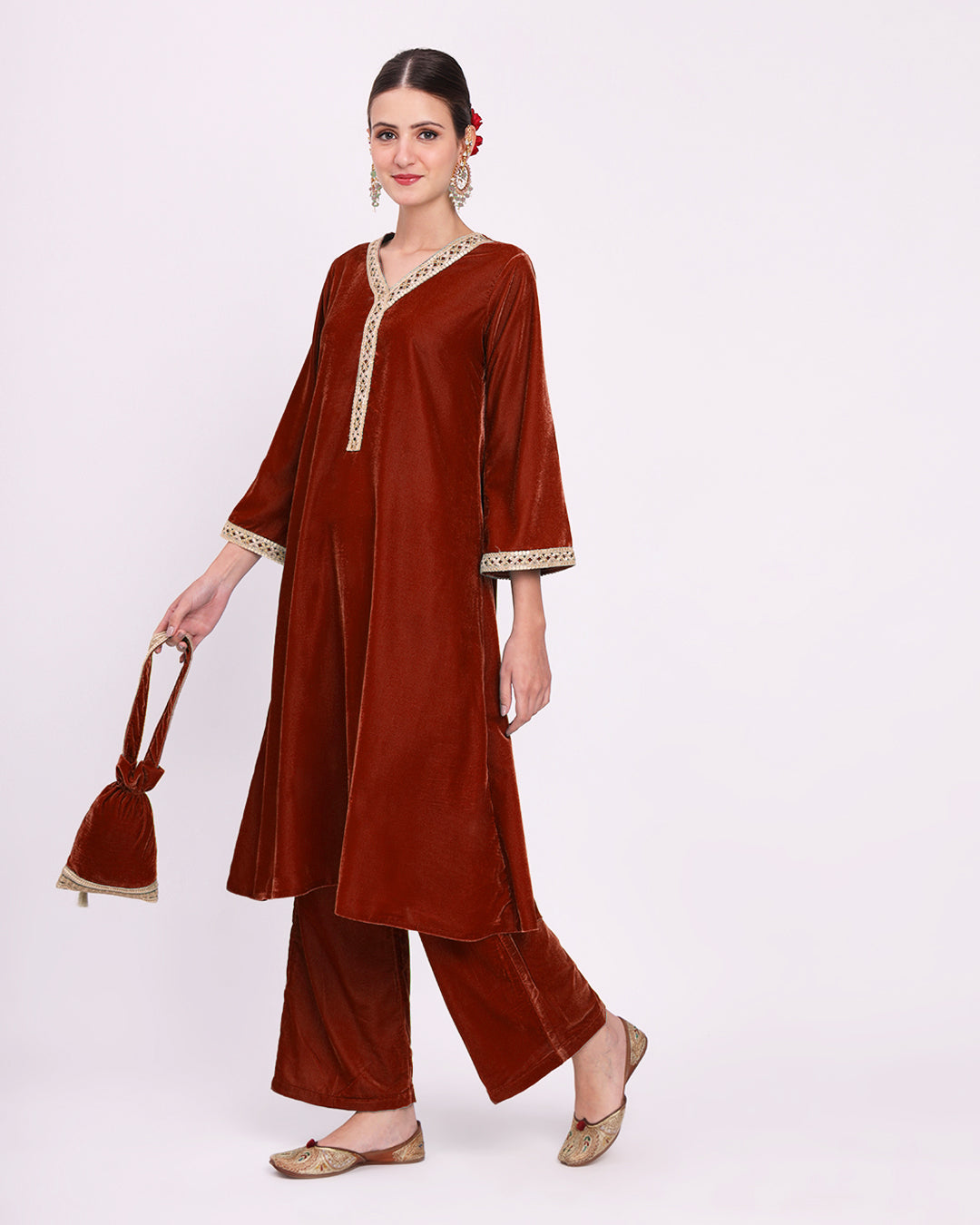 Russet Red Crafted Luxe Velvet Kurta (Without Bottoms)