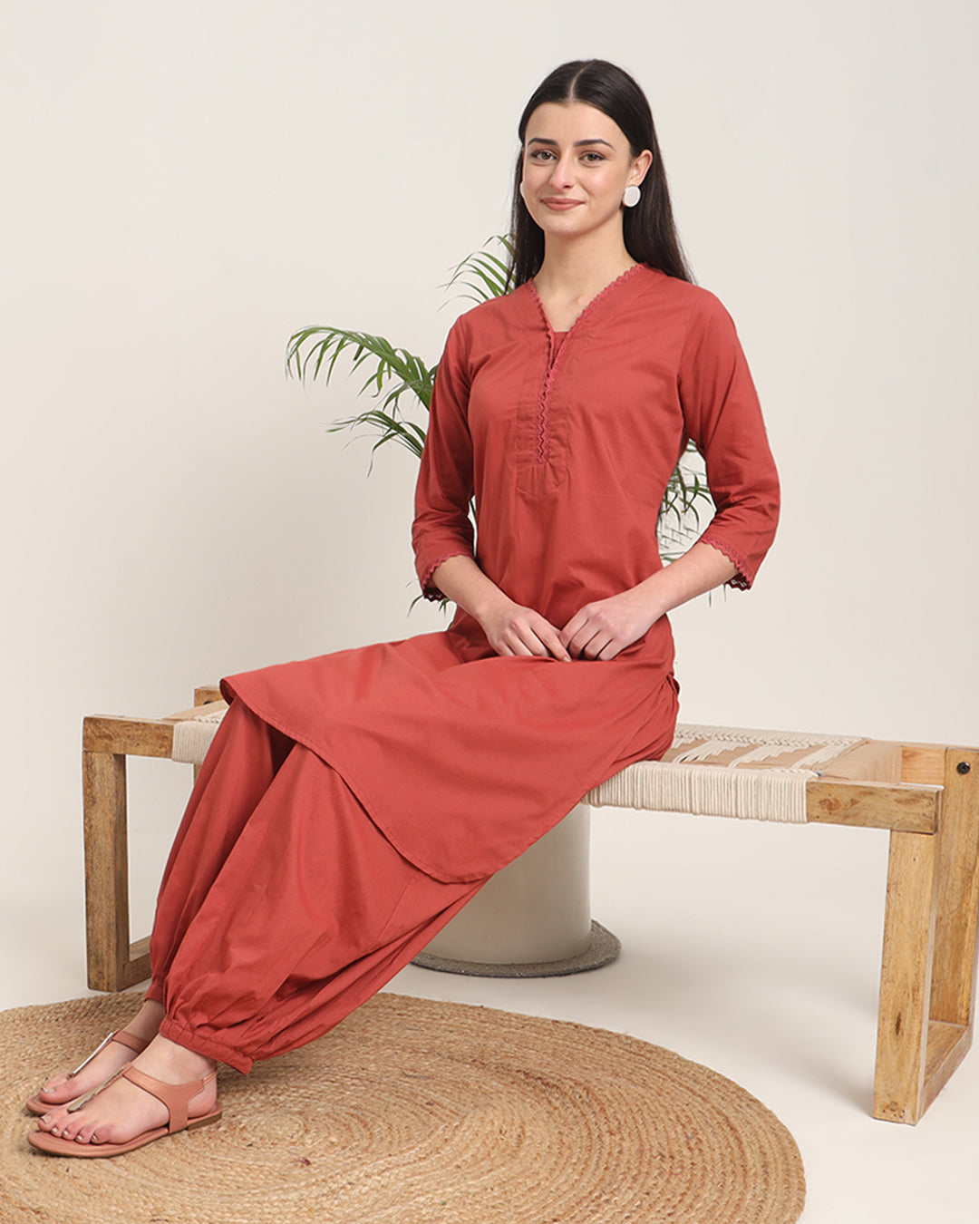 Russet Red Lace Affair Solid Kurta (Without Bottoms)