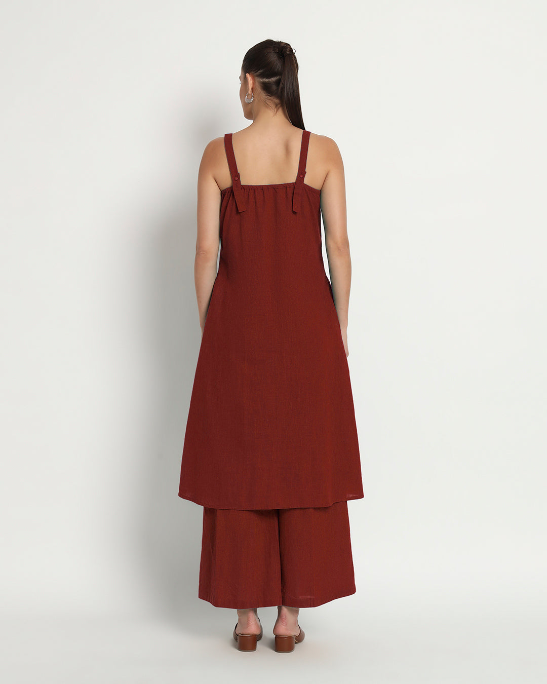 Russet Red Dreamy Flare Spaghetti Solid Co-ord Set