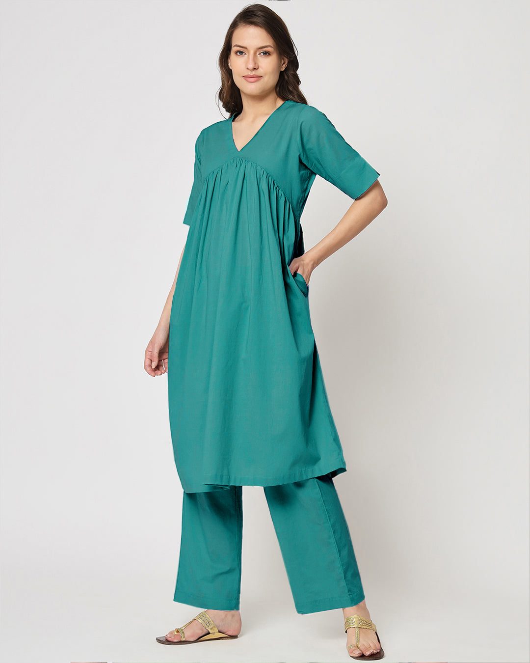 Forest Green Gathered Solid Kurta (Without Bottoms)