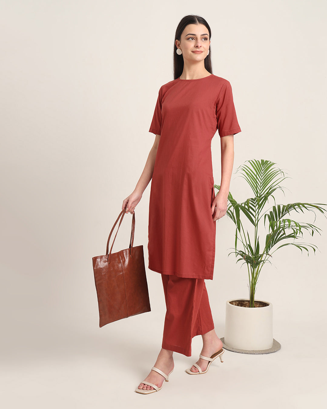 Russet Red Round Neck Long Solid Kurta (Without Bottoms)