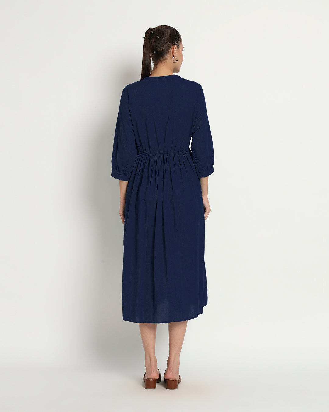 Midnight Blue Gathered V-Neck Stretch Dress