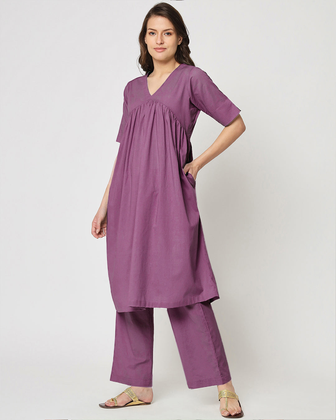 Wisteria Purple Gathered Solid Kurta (Without Bottoms)