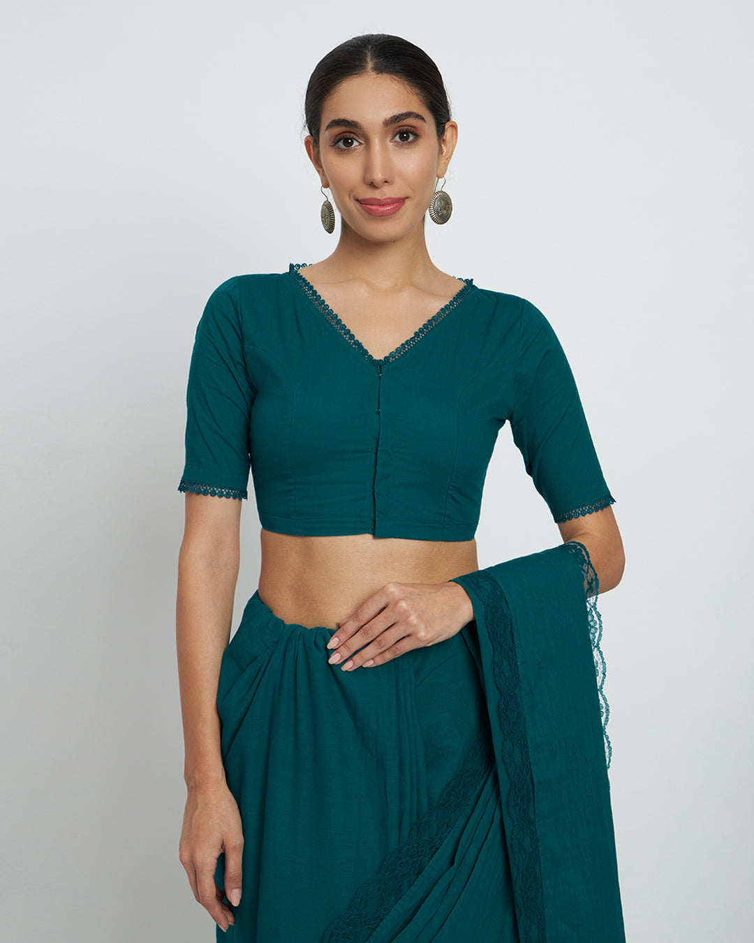 Deep Teal V Neck Lace Medley Saree & Blouse Co-ord Set