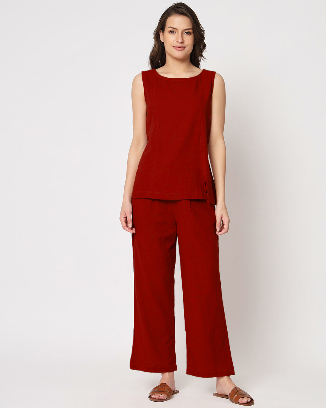 Classic Red Sleeveless Short Length Solid Co-ord Set