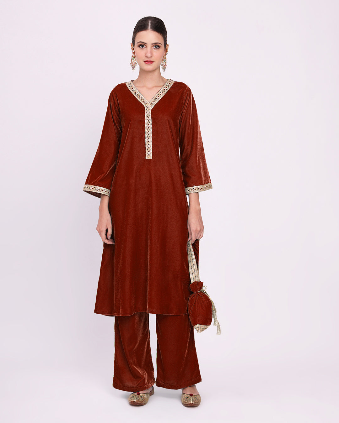 Russet Red Crafted Luxe Velvet Kurta (Without Bottoms)