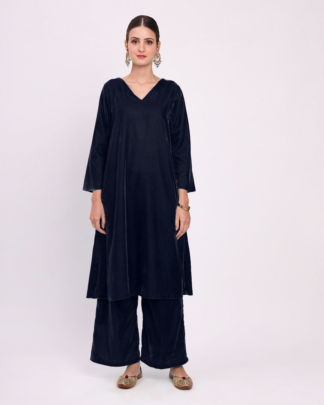 Midnight Blue Gilded V Neck Velvet Co-ord Set