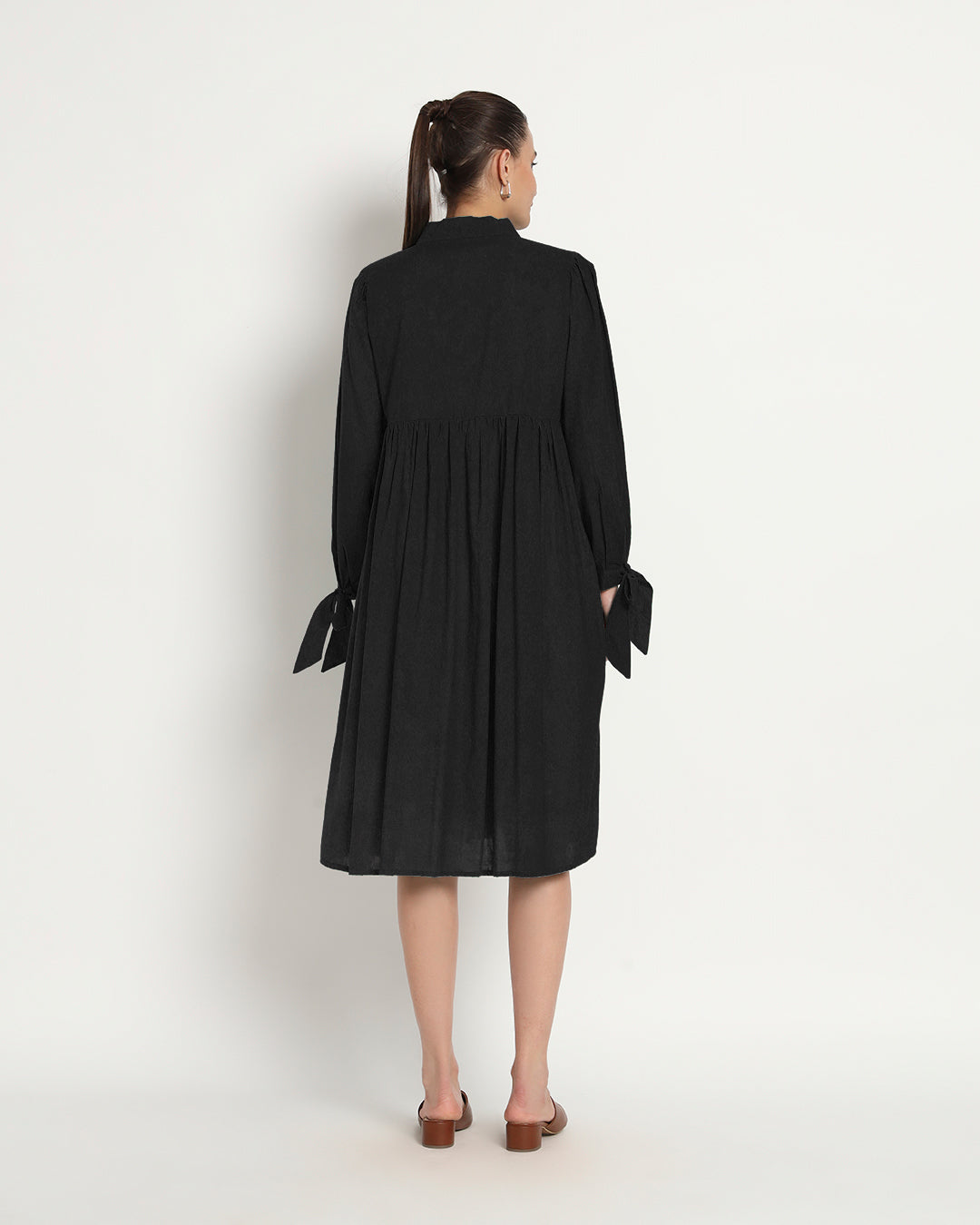 Classic Black Bowtiful Gathering V Neck Dress