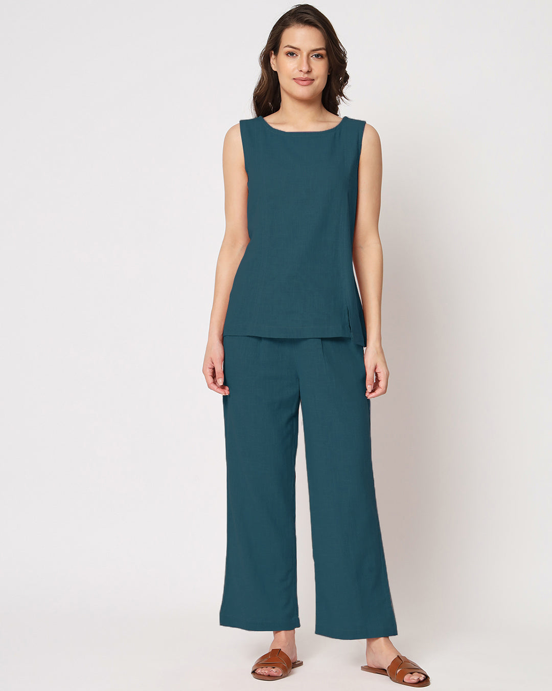 Deep Teal Sleeveless Short Length Solid Co-ord Set