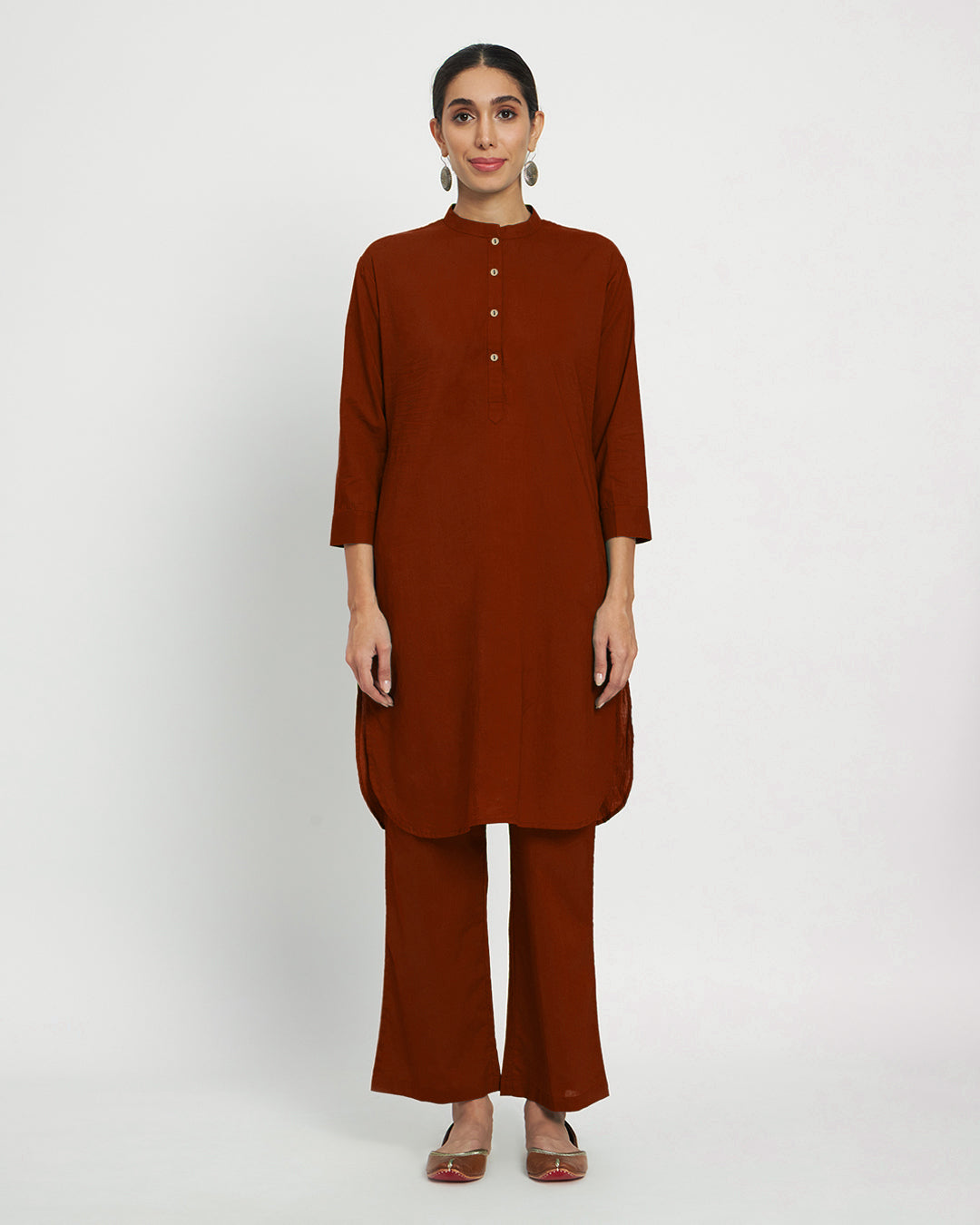 Russet Red Modern Mandarin Collar Solid Kurta (Without Bottoms)
