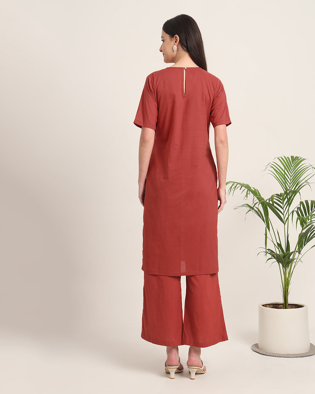Russet Red Round Neck Long Solid Kurta (Without Bottoms)