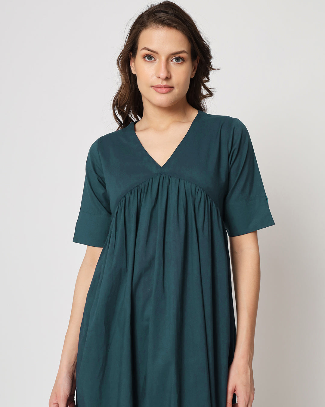 Deep Teal Gathered Solid Kurta (Without Bottoms)