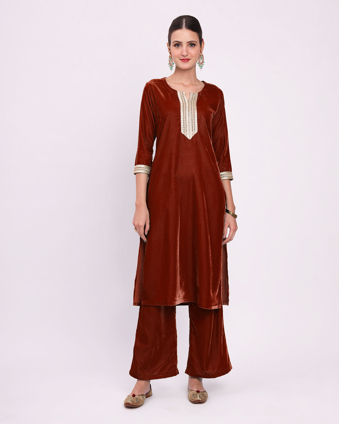 Russet Red Artisanal Glitz Velvet Kurta (Without Bottoms)