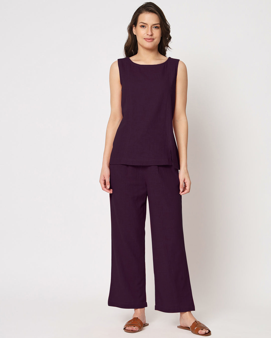 Plum Passion Sleeveless Short Length Solid Co-ord Set