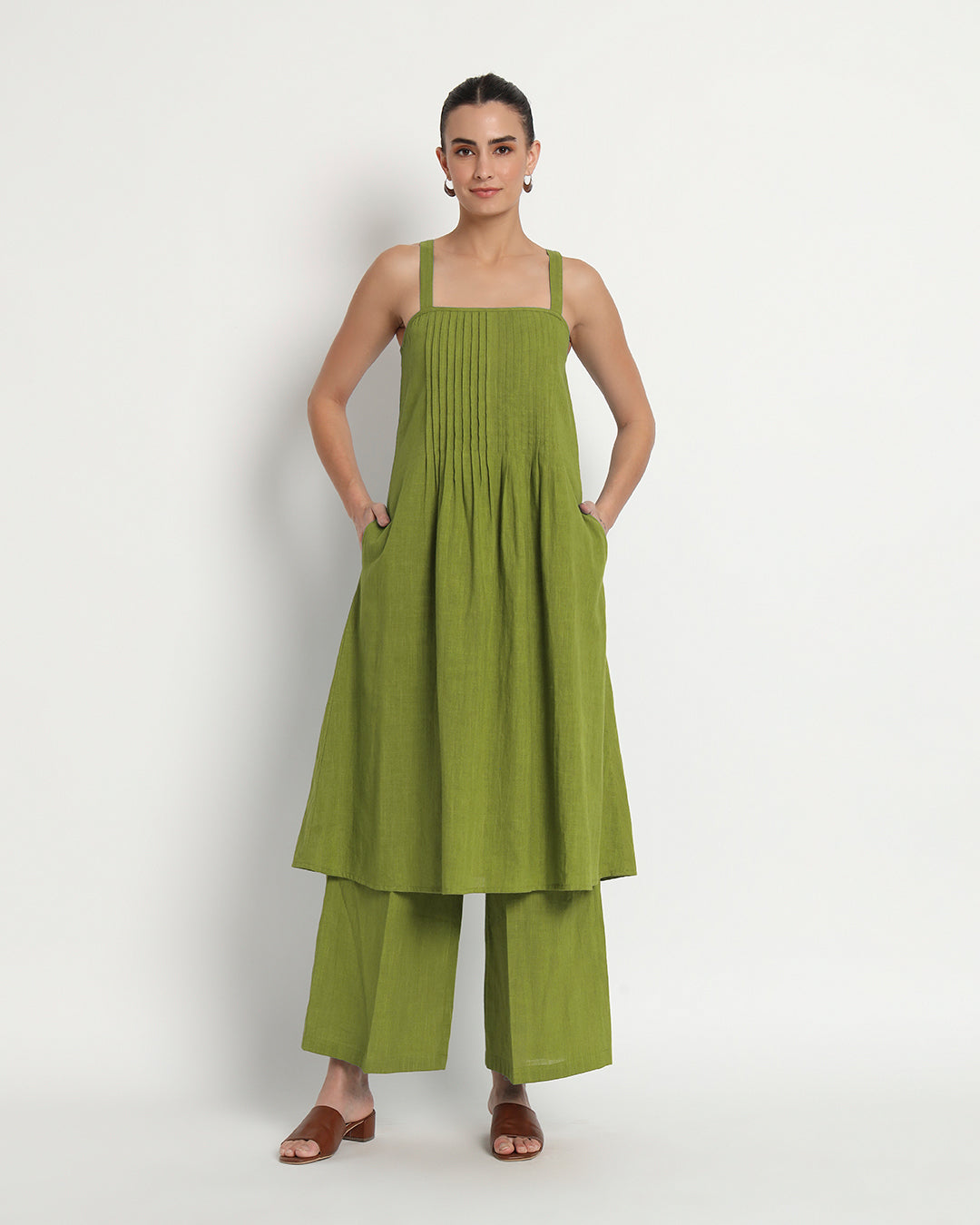 Sage Green Dreamy Flare Spaghetti Solid Co-ord Set