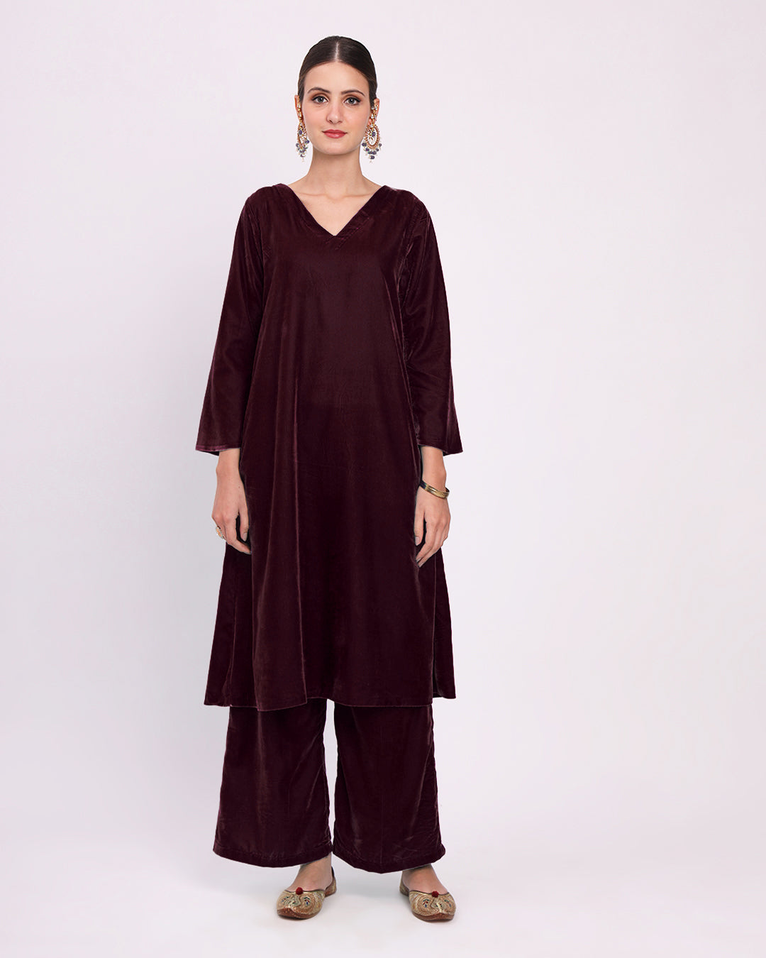 Plum Passion Gilded V Neck Velvet Co-ord Set
