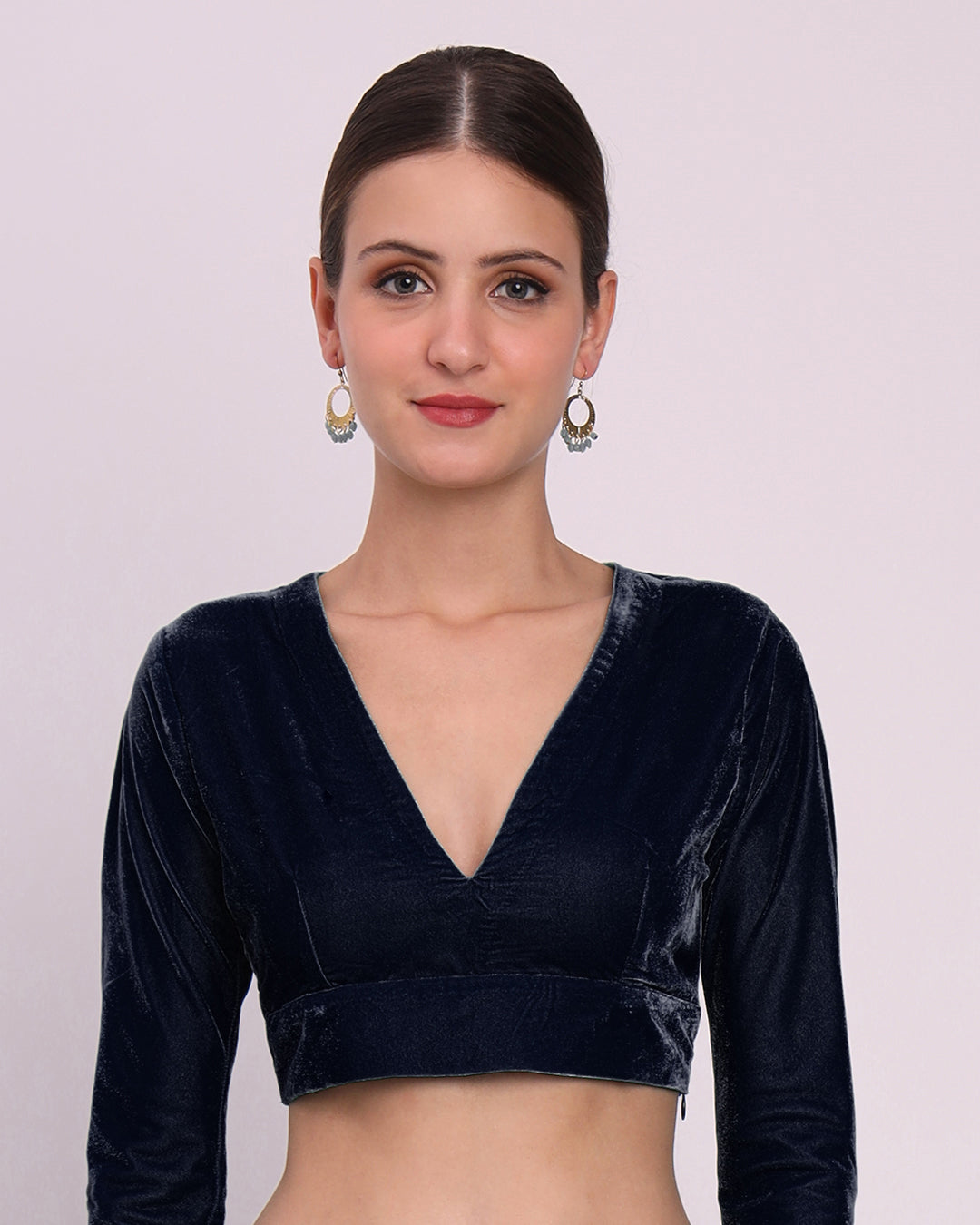 Midnight Blue Allure Deep V Velvet Blouse