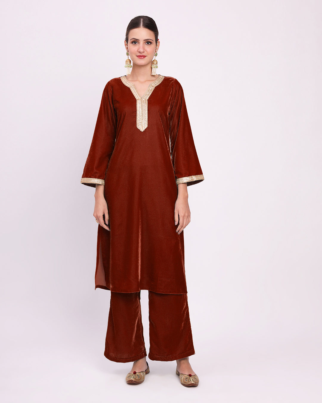 Russet Red Glimmer Crafted Luxe Velvet Kurta (Without Bottoms)