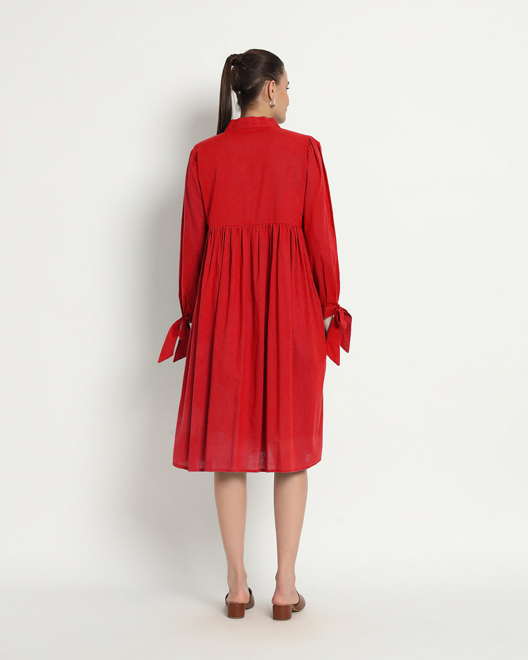 Classic Red Bowtiful Gathering V Neck Dress