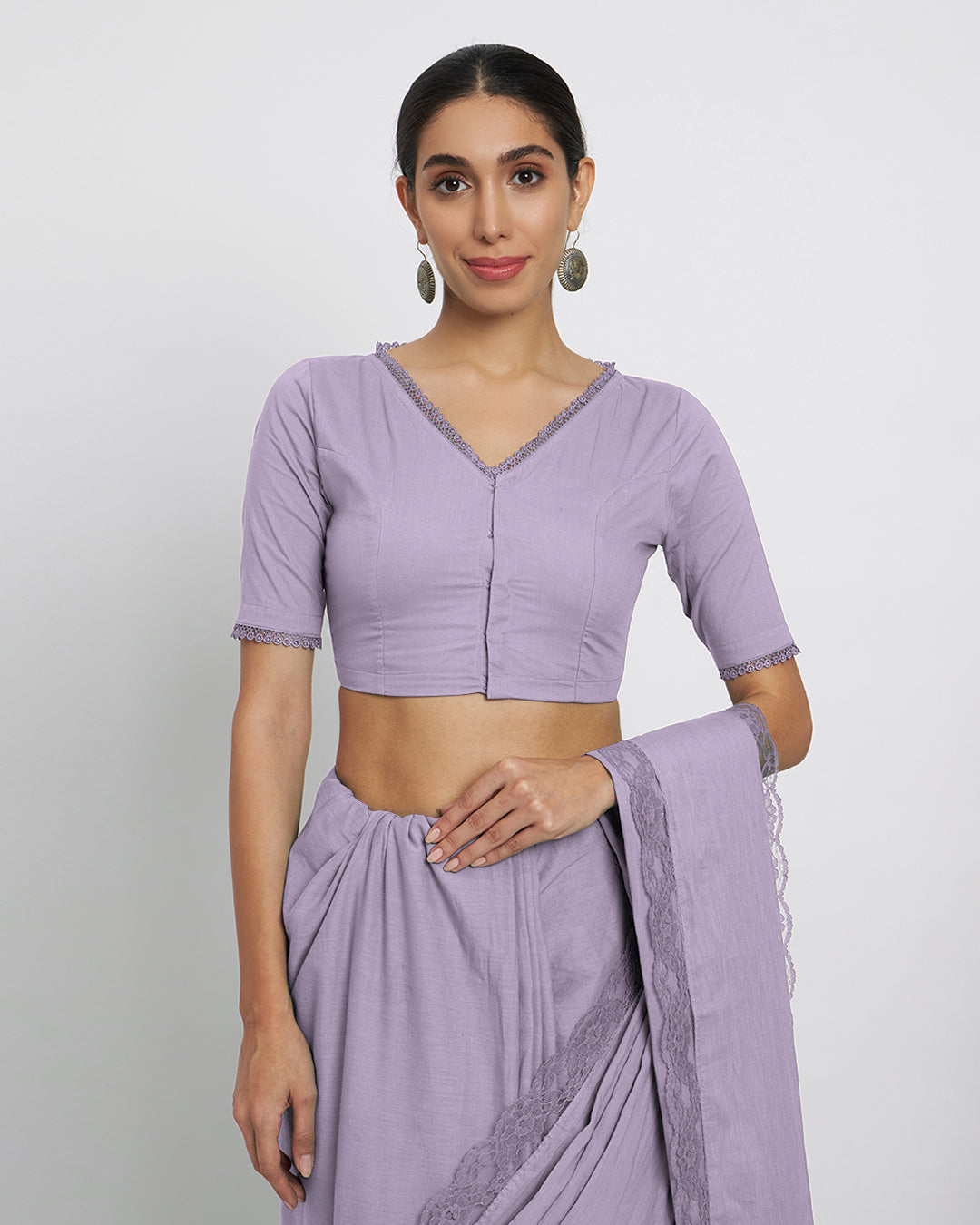 Lilac V Neck Lace Medley Saree & Blouse Co-ord Set