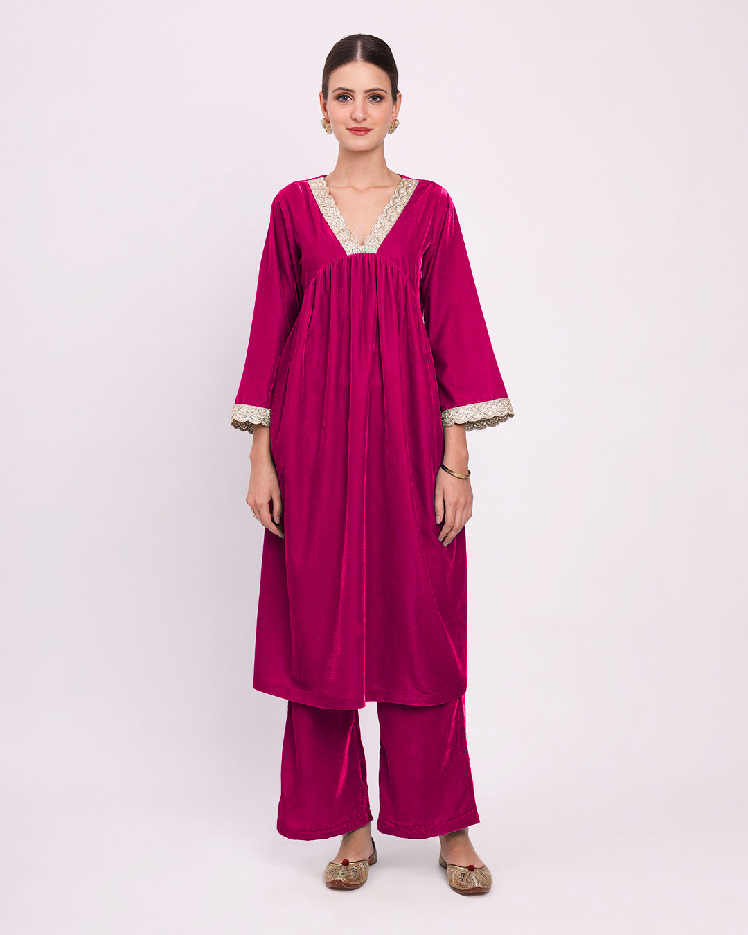 Queen's Gulabi Sparkling Elegance Velvet Gathered Kurta (Without Bottoms)