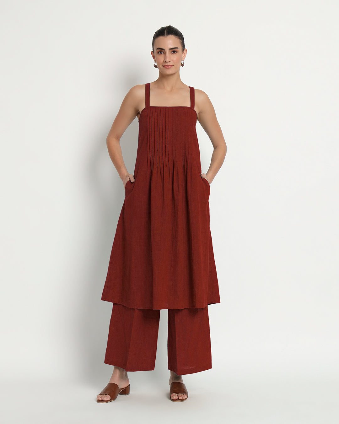 Russet Red Dreamy Flare Spaghetti Solid Co-ord Set