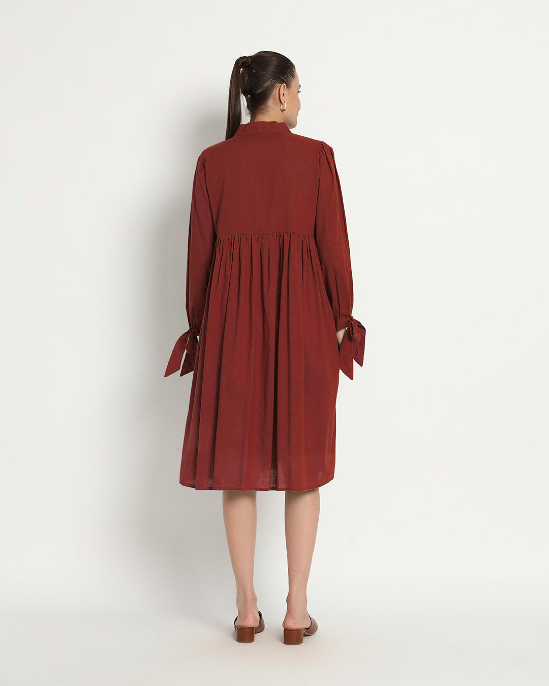 Russet Red Bowtiful Gathering V Neck Dress