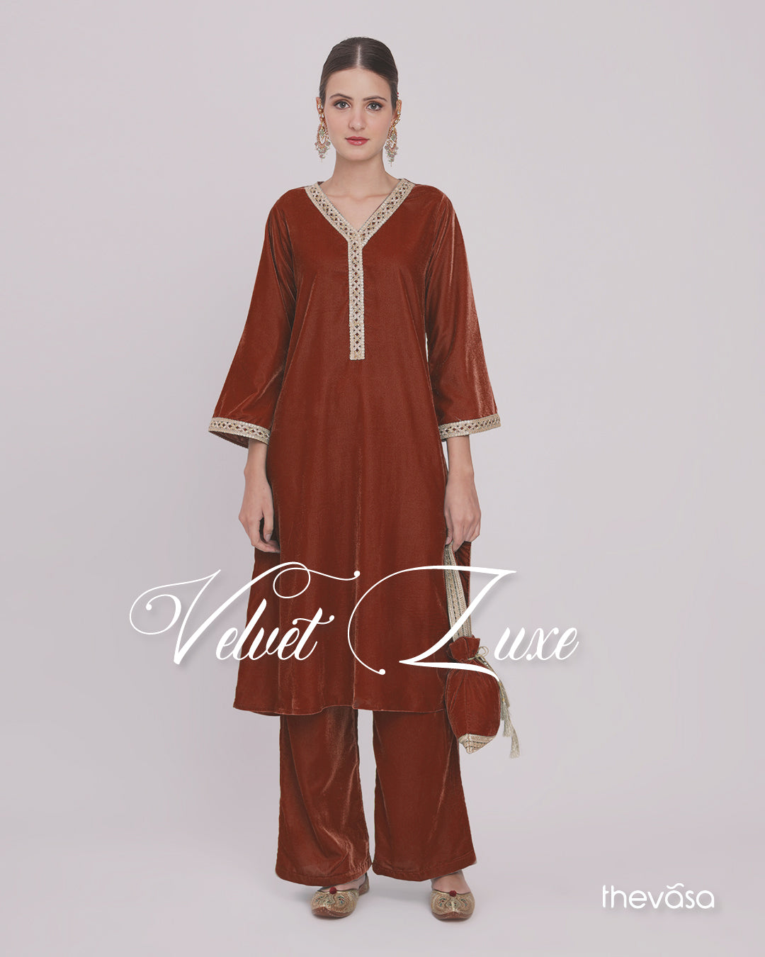 Russet Red Crafted Luxe Velvet Kurta (Without Bottoms)