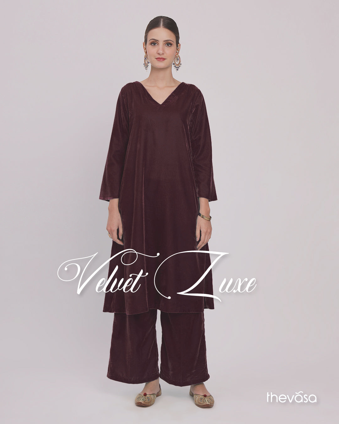 Plum Passion Gilded V Neck Velvet Co-ord Set