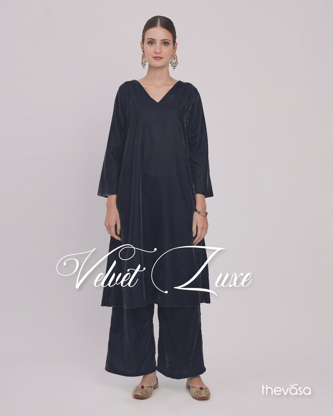 Midnight Blue Gilded V Neck Velvet Co-ord Set
