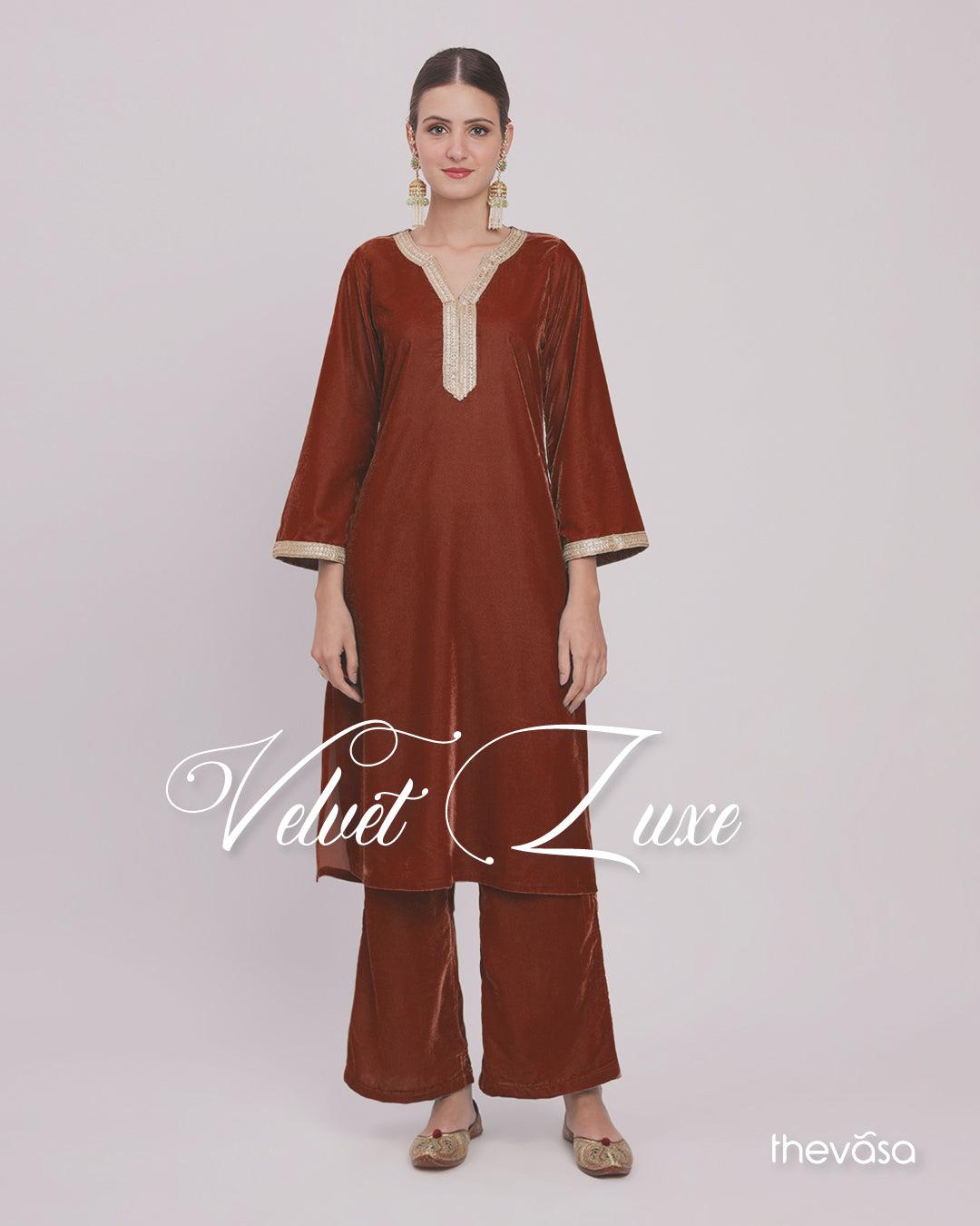 Russet Red Glimmer Crafted Luxe Velvet Kurta (Without Bottoms)