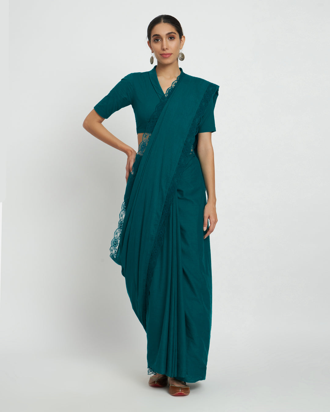 Deep Teal Lace Medley Cotton Saree
