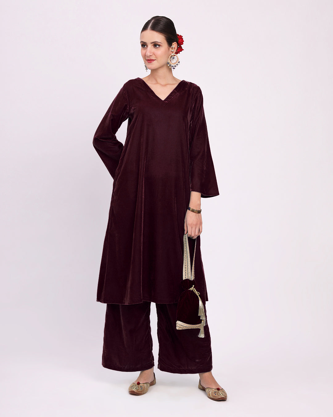 Plum Passion Gilded V Neck Velvet Co-ord Set
