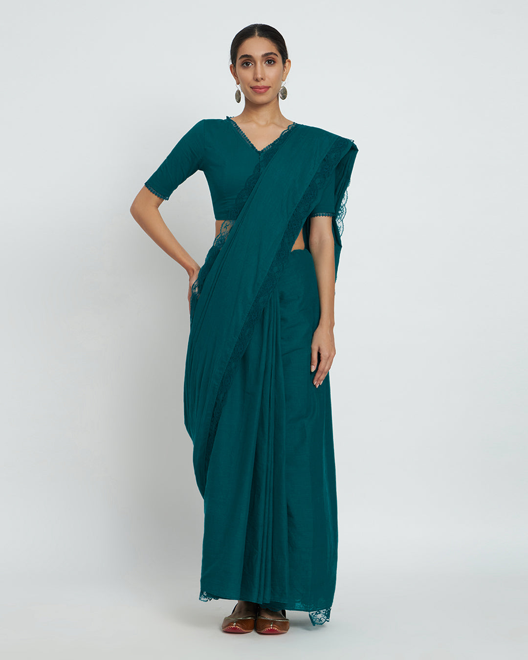 Deep Teal V Neck Lace Medley Saree & Blouse Co-ord Set