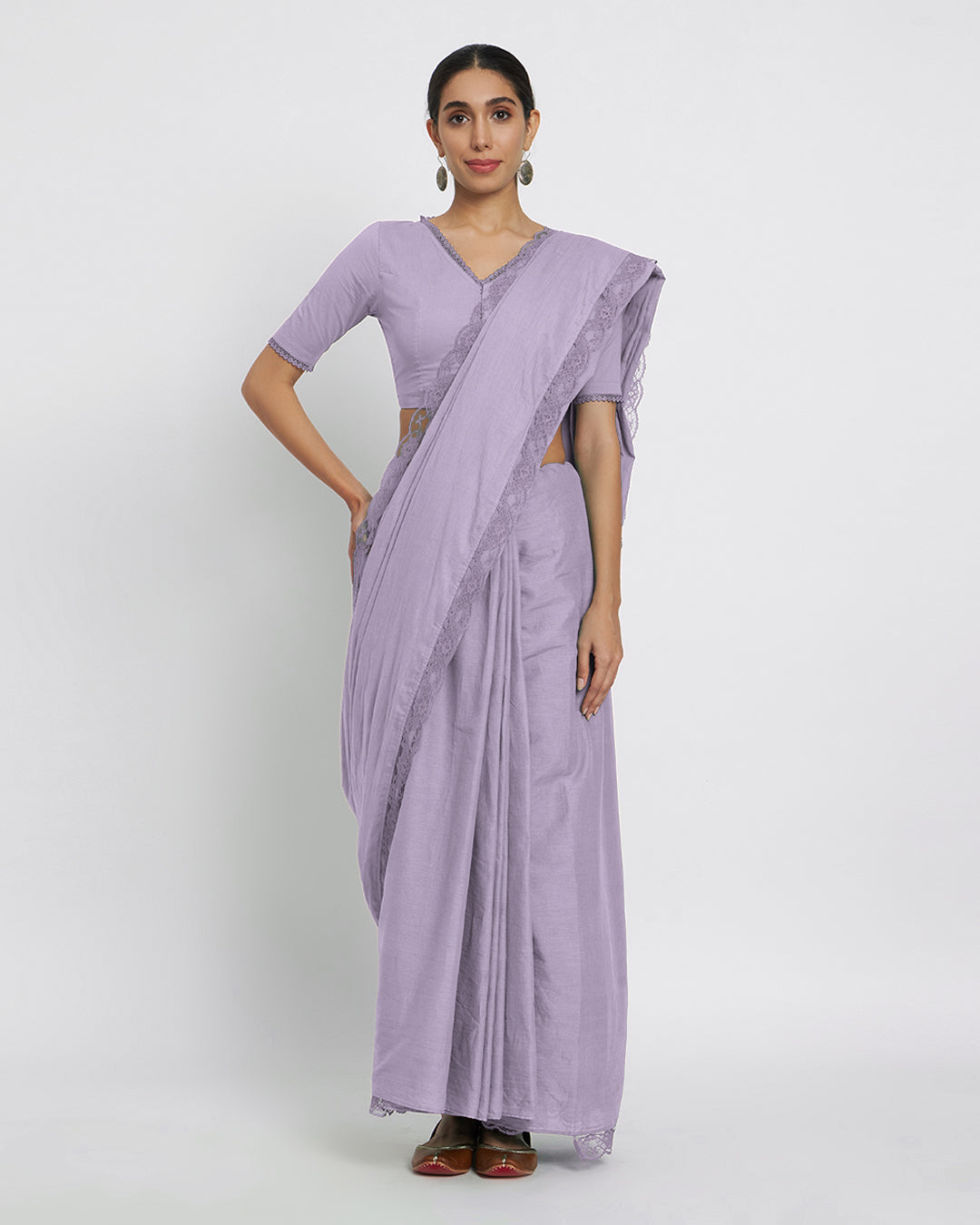 Lilac V Neck Lace Medley Saree & Blouse Co-ord Set