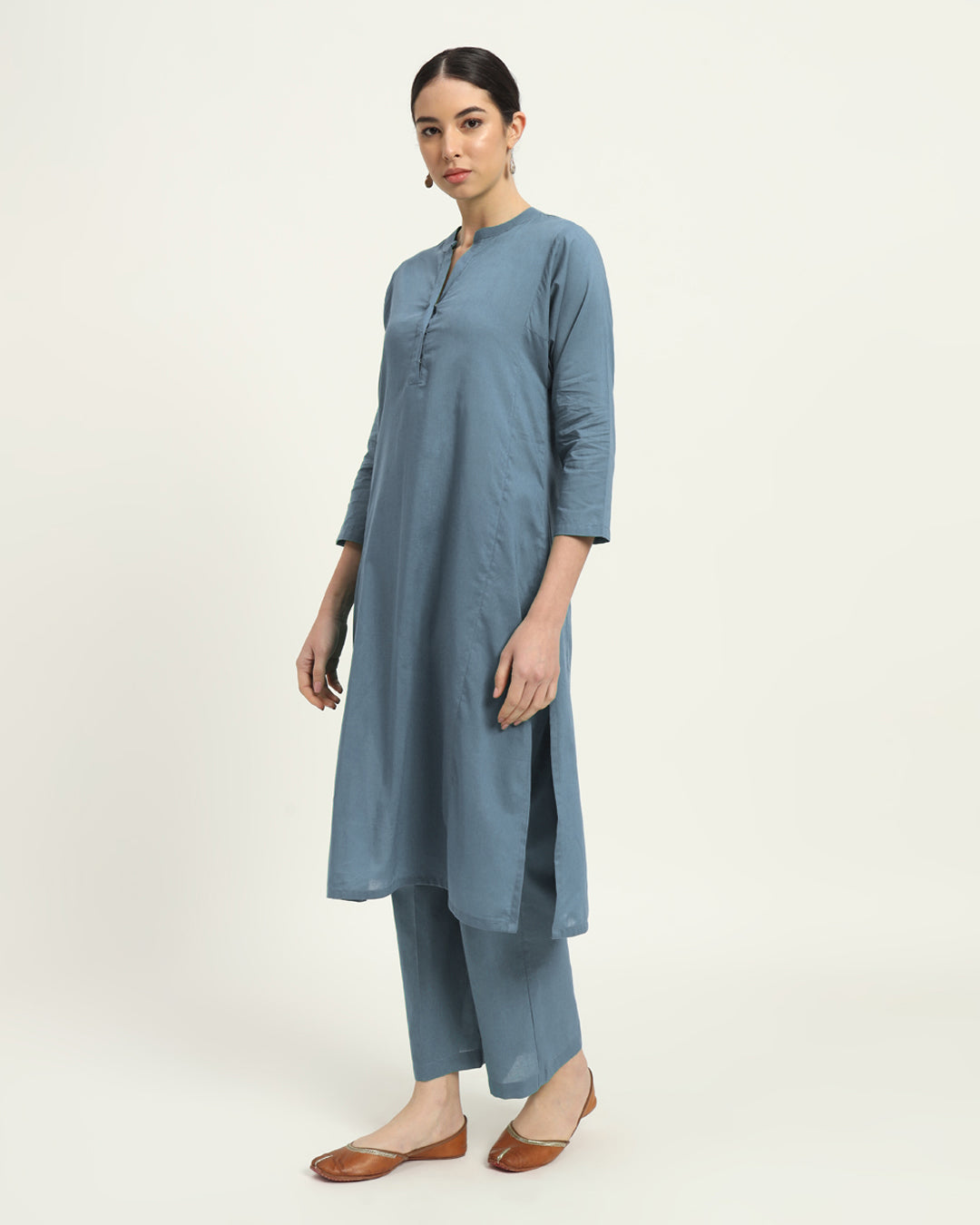 Combo: Beige & Blue Dawn Everyday Bliss Notch Neck Solid Kurta