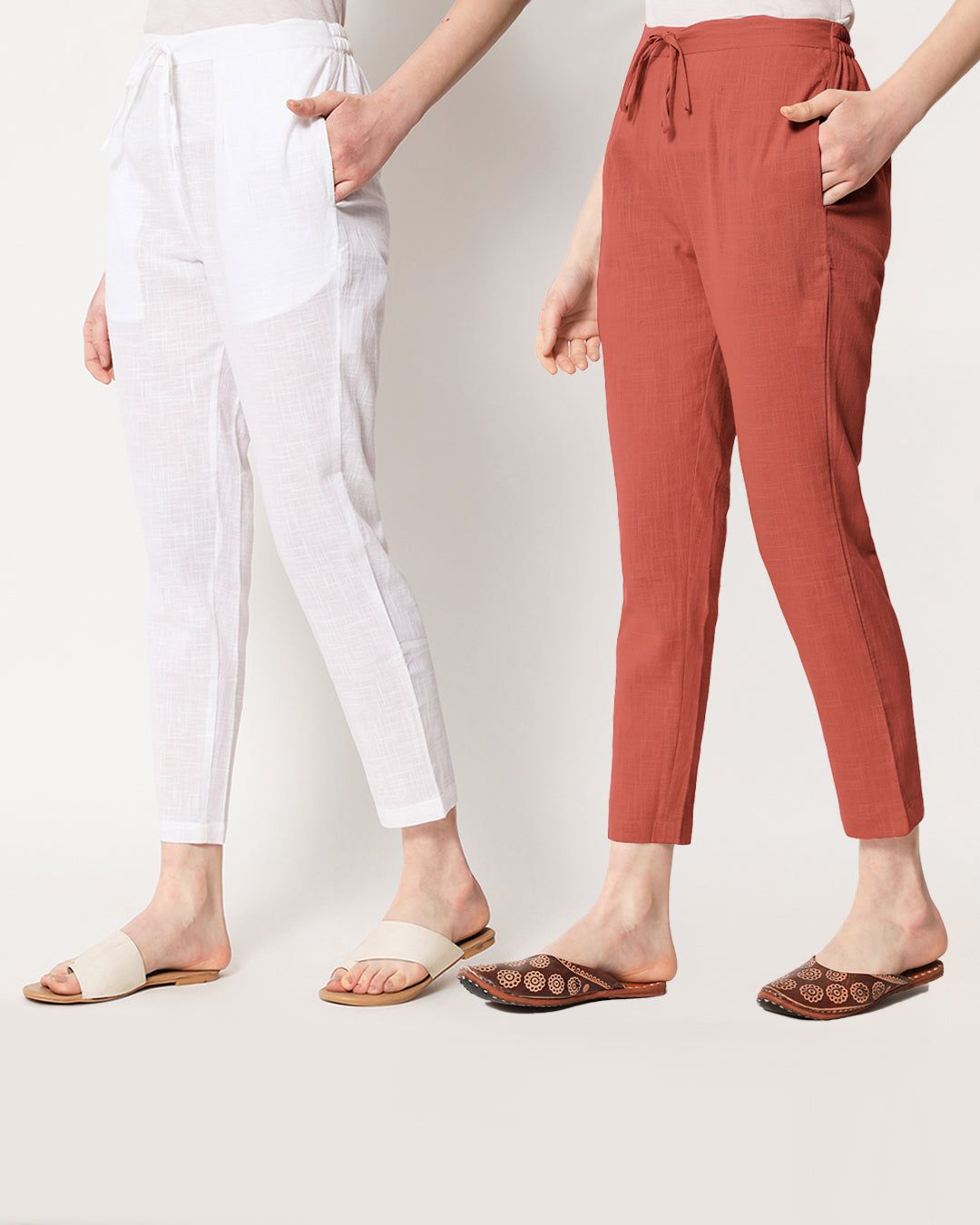 Combo: White & Blush Cigarette Pants- Set of 2