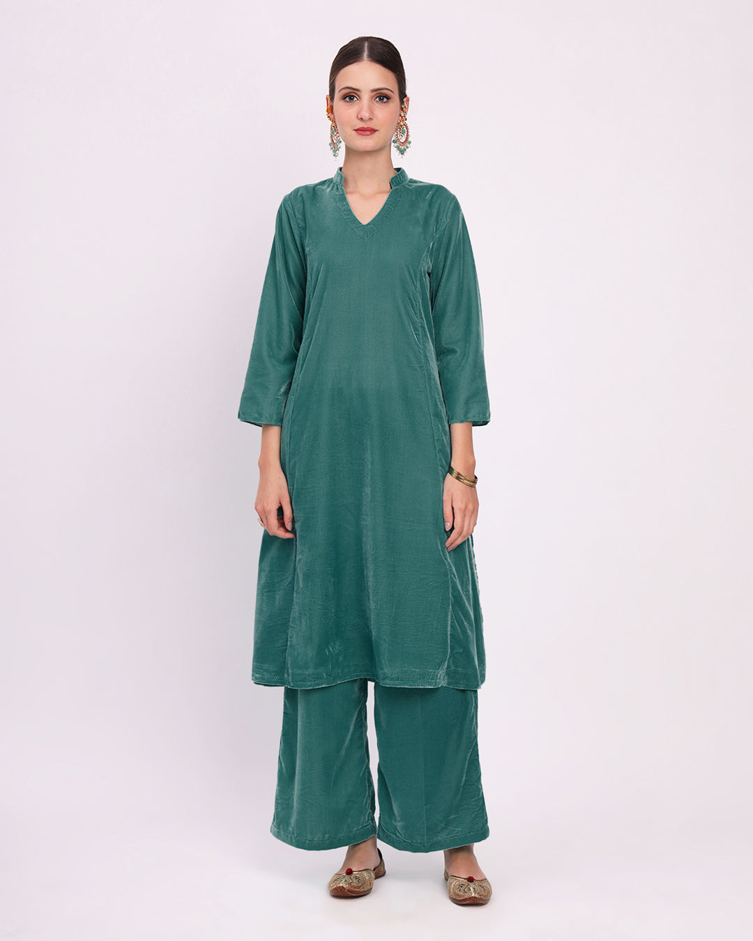 Green Gleam Royal Notch Velvet Gala Co-ord Set