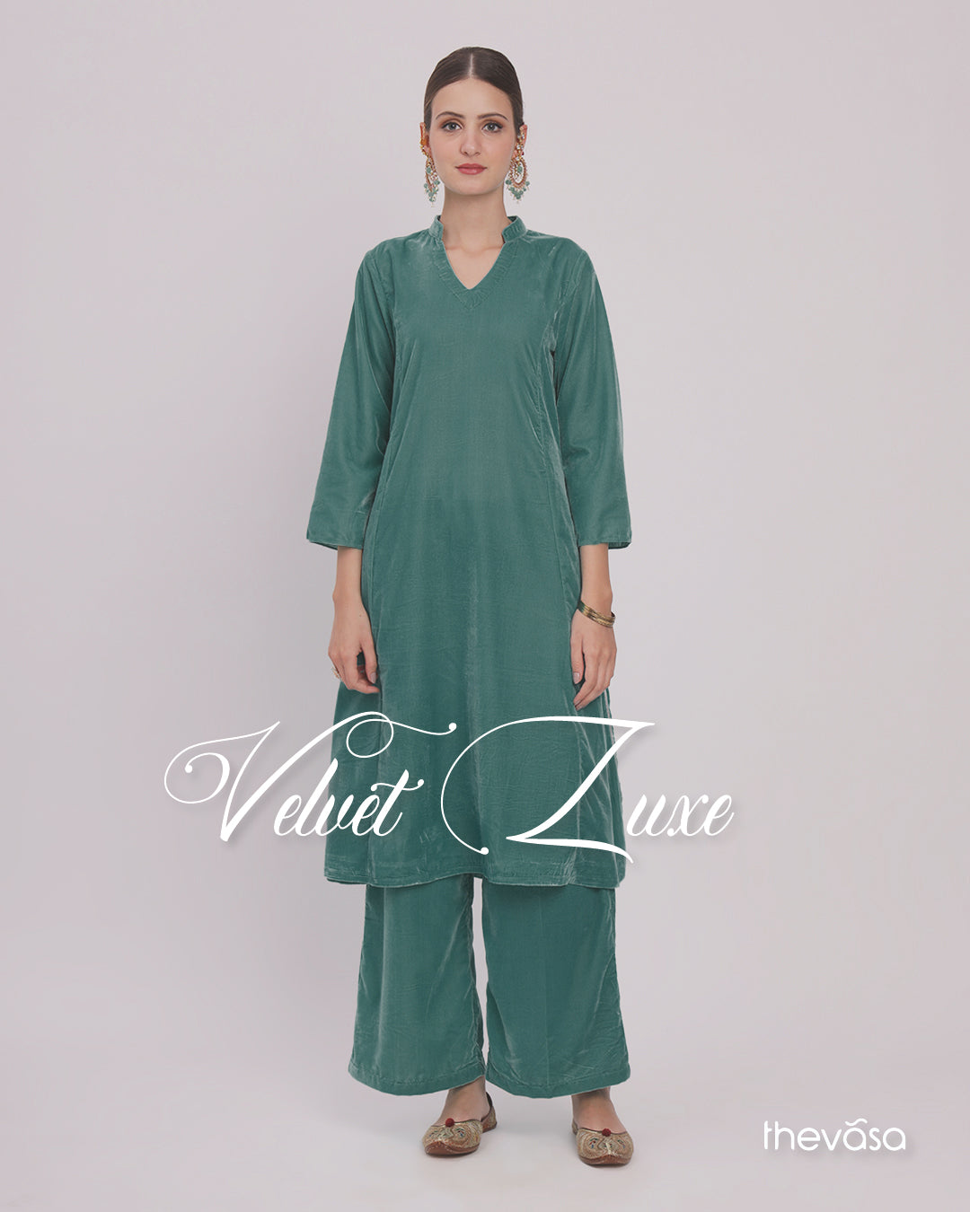 Green Gleam Royal Notch Velvet Gala Co-ord Set