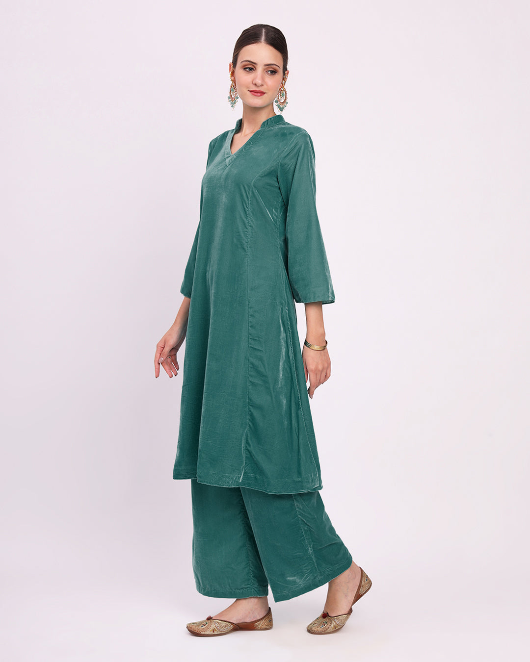 Green Gleam Royal Notch Velvet Gala Co-ord Set