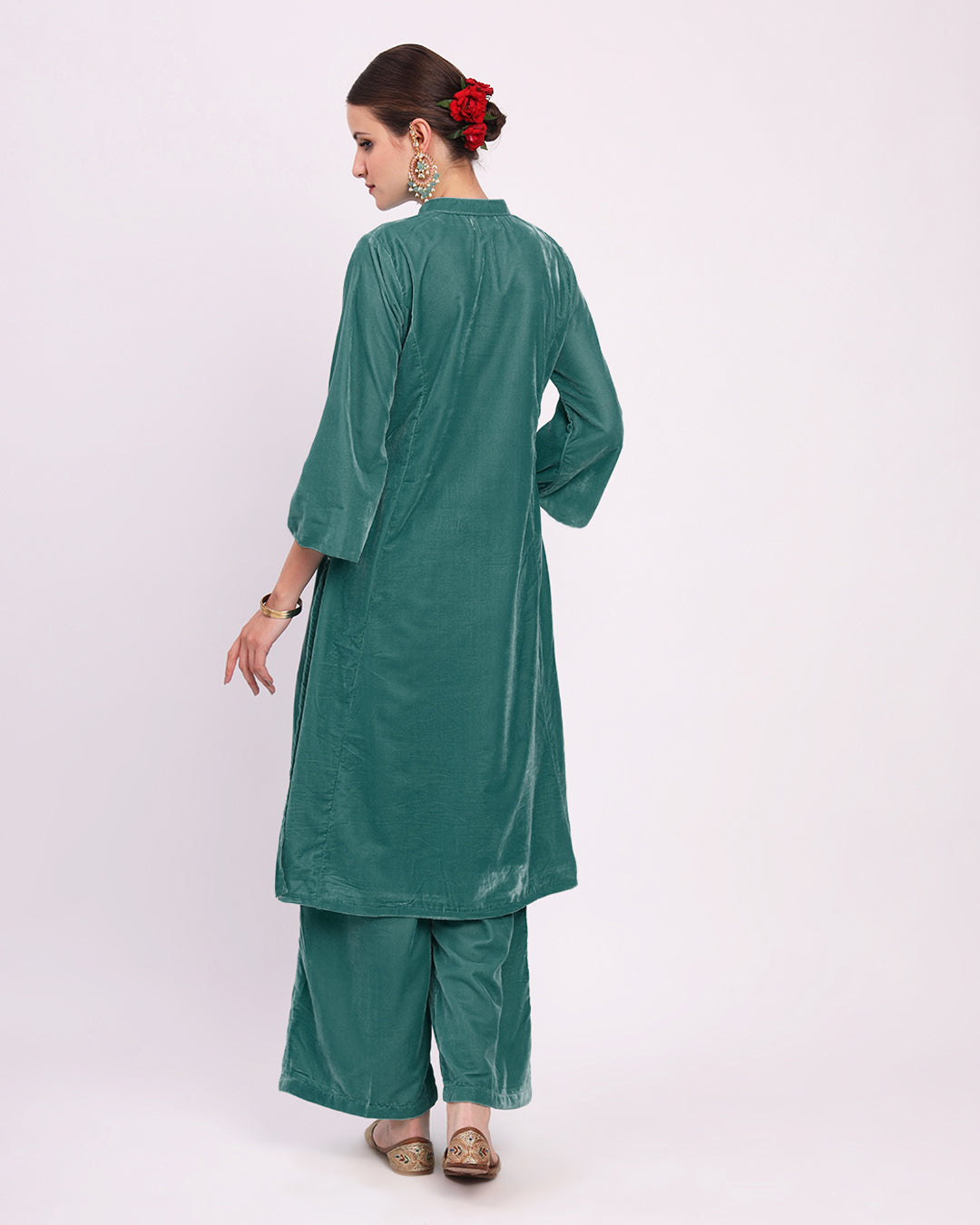 Green Gleam Royal Notch Velvet Gala Co-ord Set