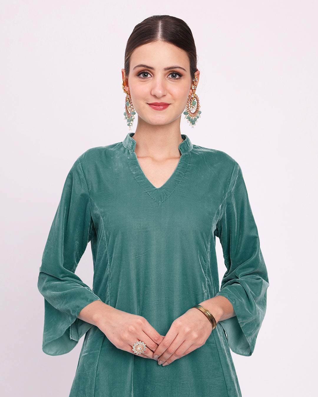 Green Gleam Royal Notch Velvet Gala Co-ord Set