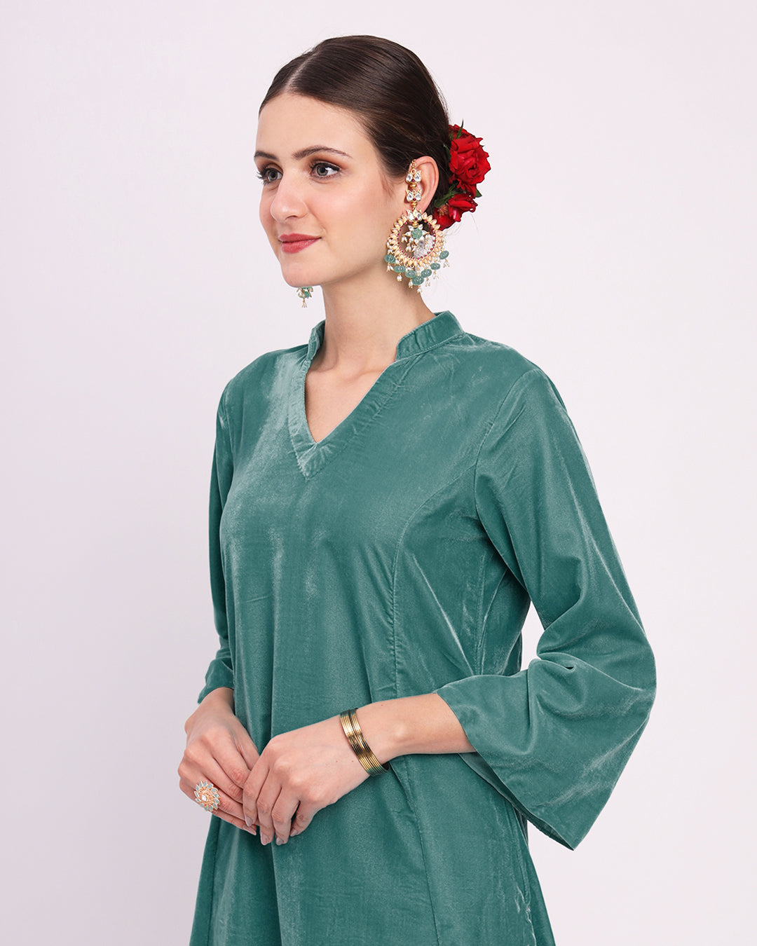 Green Gleam Royal Notch Velvet Gala Co-ord Set
