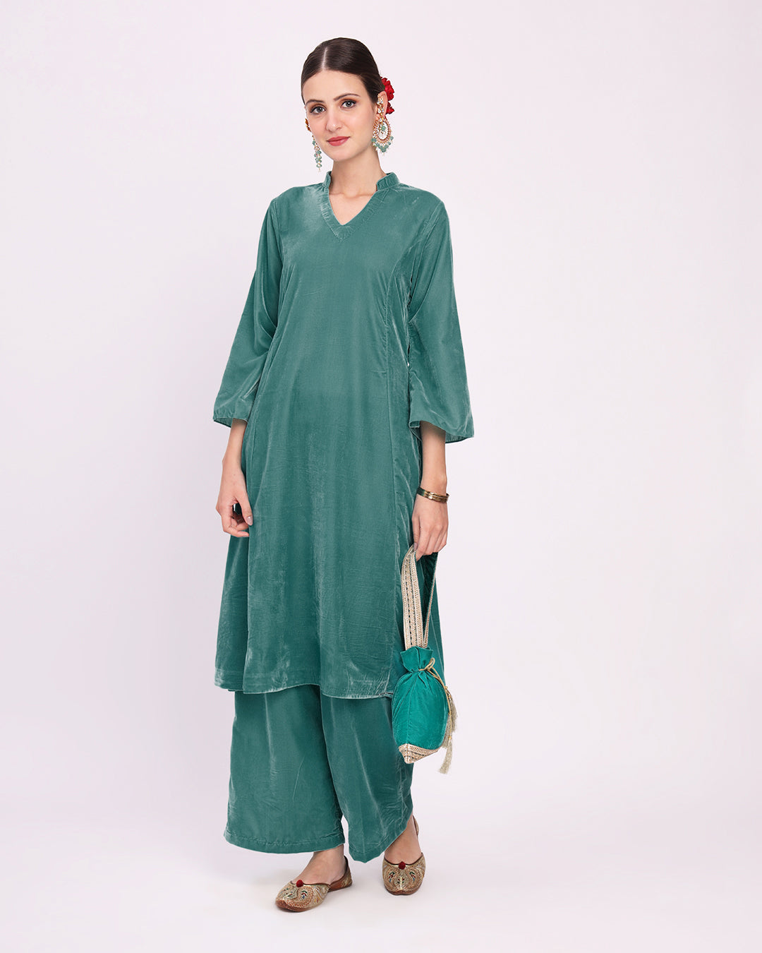 Green Gleam Royal Notch Velvet Gala Co-ord Set