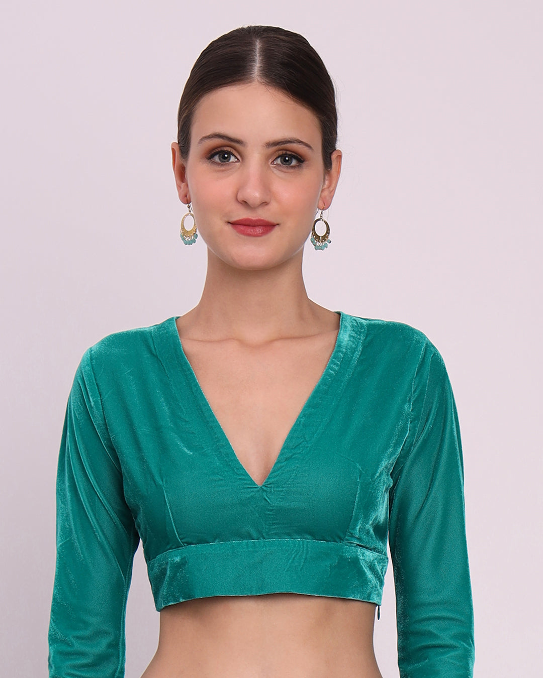 Green Gleam Allure Deep V Velvet Blouse