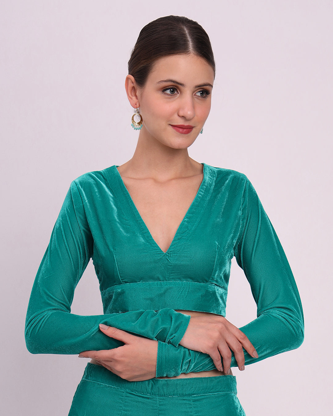 Green Gleam Allure Deep V Velvet Blouse