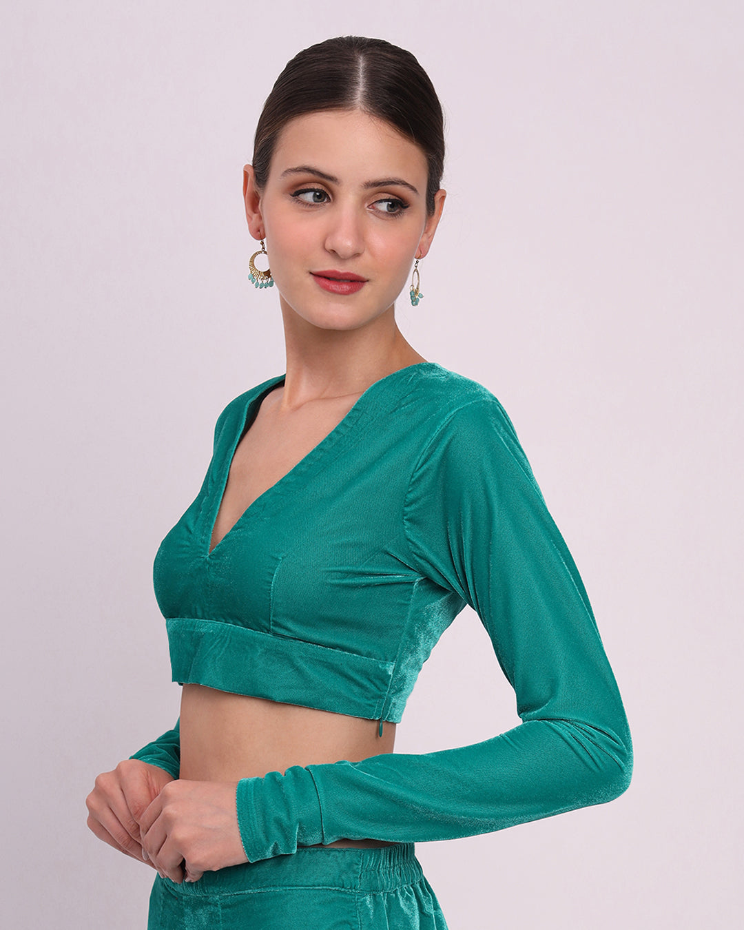 Green Gleam Allure Deep V Velvet Blouse