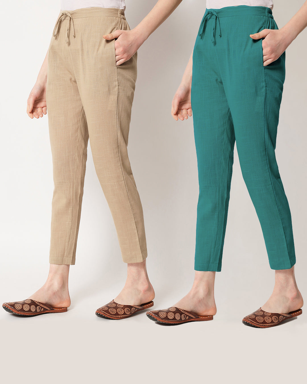 Combo: Beige & Forest Green Cigarette Pants- Set of 2