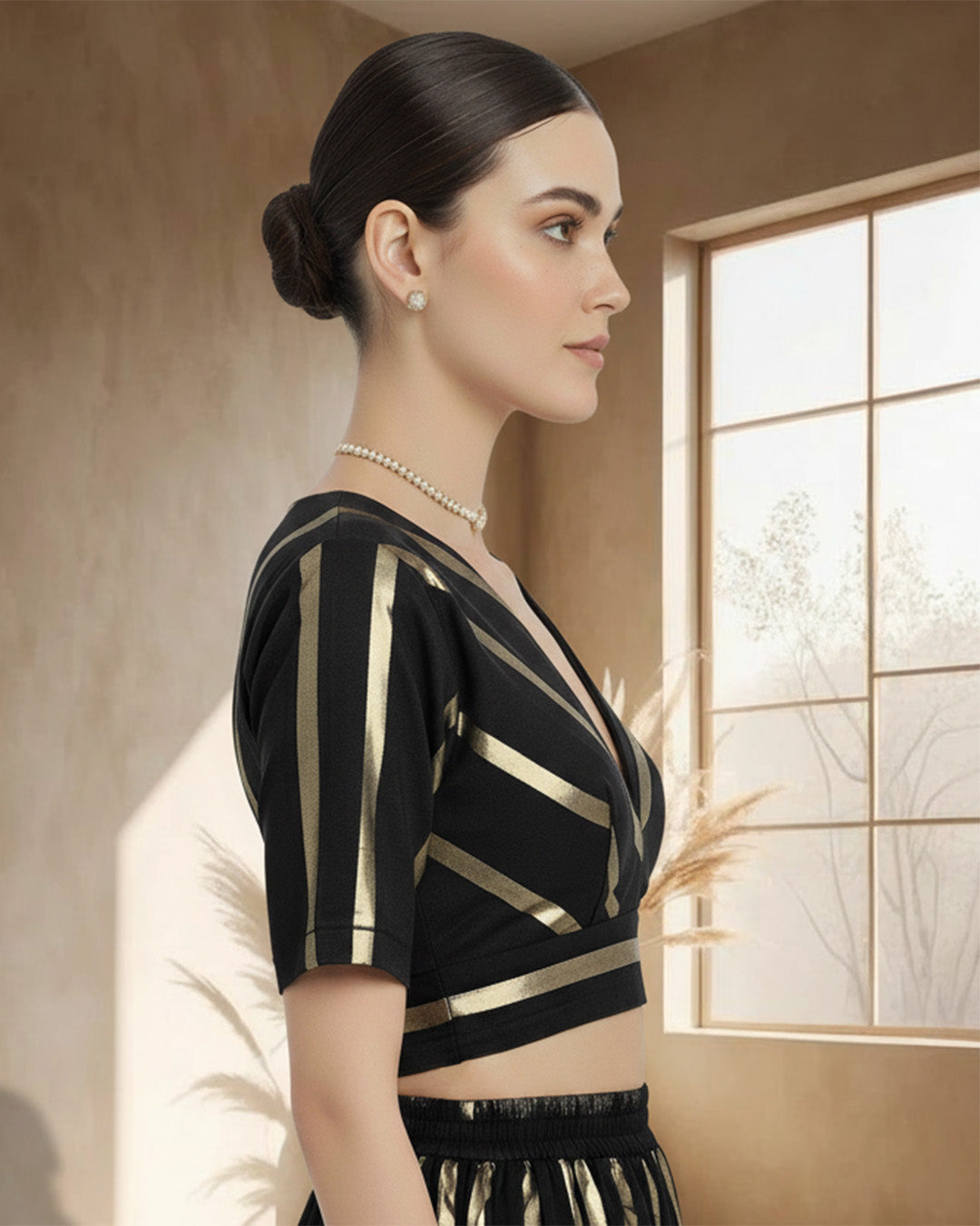 Black Glisten Gala Deep V Blouse