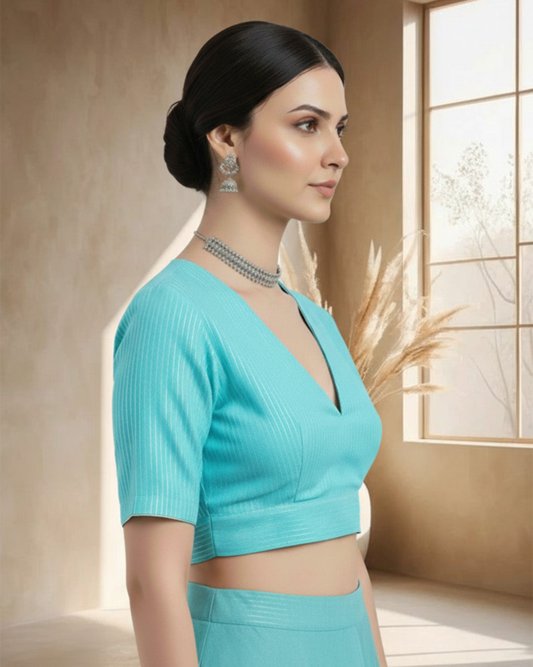 Festive Aqua Silver Stripes Deep V Blouse
